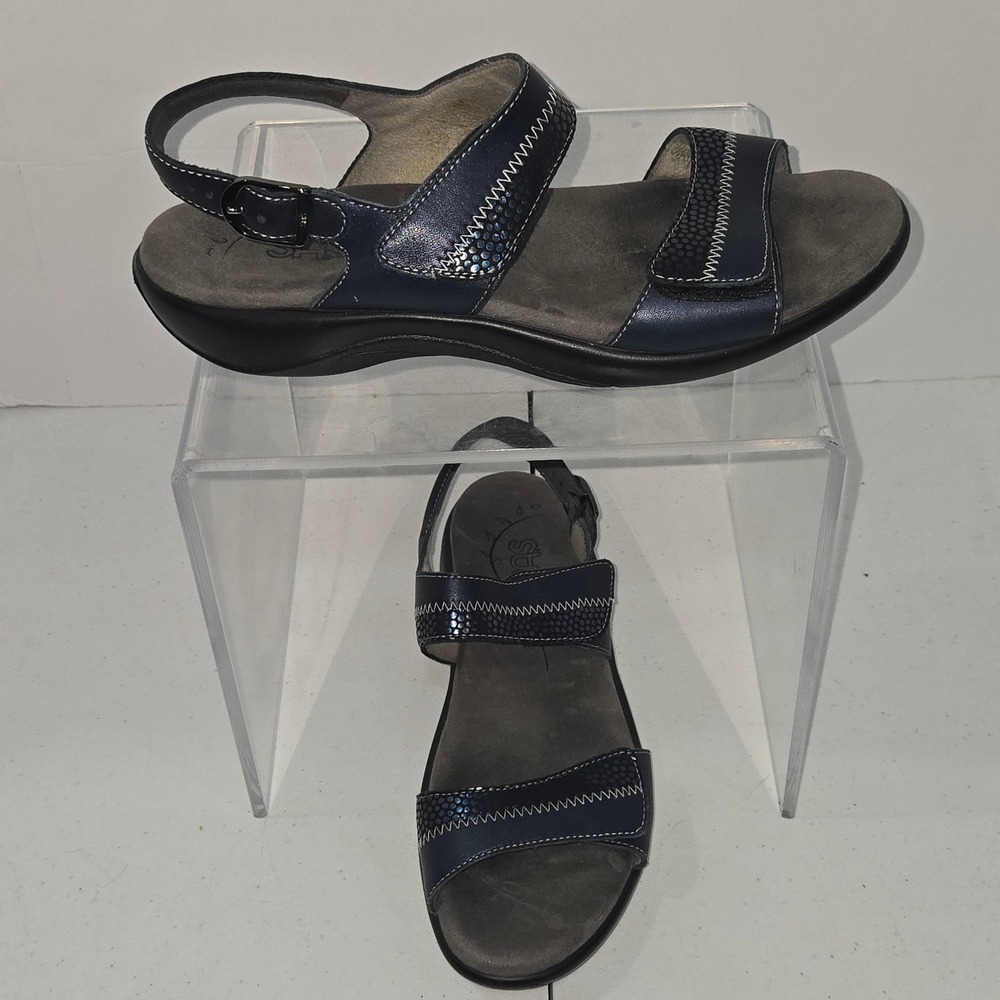 SAS Nudu Navy Blue Leather Adjustable Slingback Comfort Sandals Womens 7.5
